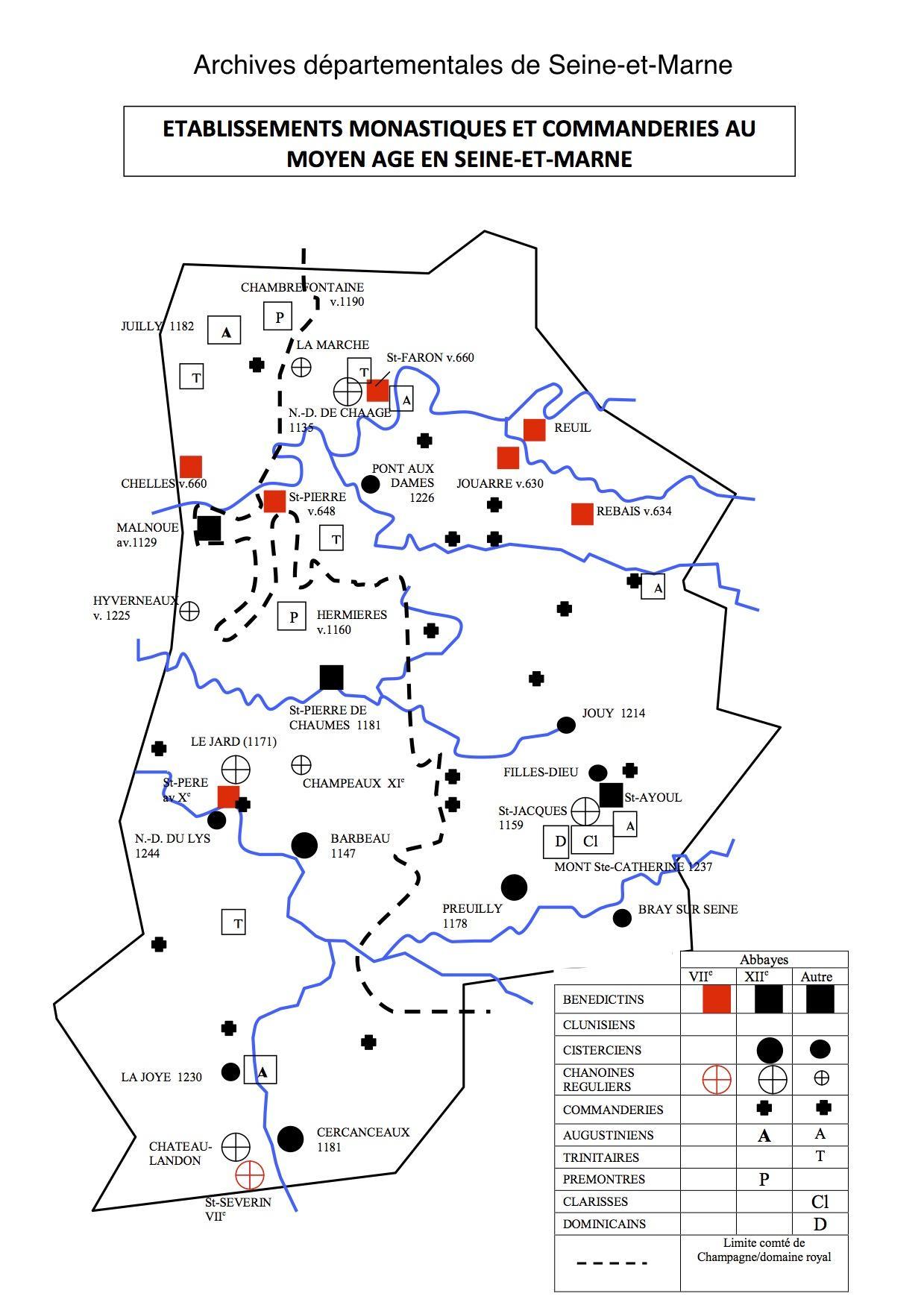 Carte des établissements monastiques de Seine-et-Marne