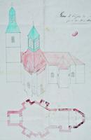 Plan et élévation sud de l'église des Marêts, 1852.