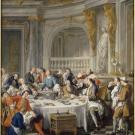 Tableau représentant des hommes vêtus à la mode du XVIIe siècle autour d'une grande table et au centre un personnage portant un plateau de  poisson