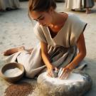 Une jeune femme est assise au sol et mou de la farine sur une meule en pierre