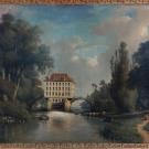 Tableau avec au centre le bâtiment de la chocolaterie Menier de Noisiel, au premier plan la marne et à droite un chemin de halage