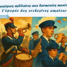 Image séparée en deux, d'un côté un conneur de clairon au milieu d'une troupe et de l'autre un orchestre en costume