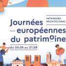 affiche aux teintes roses et bleues, plusieurs monuments emblématiques de Paris, et personnages enjoués