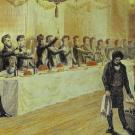 Illustration représentant des hommes en costumes noirs autour d'un grande table