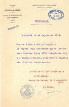 Télégramme du Ministère de la Guerre au Maire de Bourg-la-Reine.
