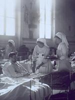 Soldiers and medical staff in the rest room of the military hospital