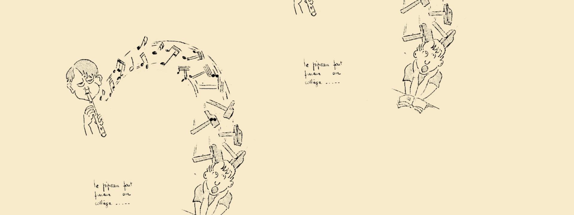 Caricature d'Hitler jouant du pipeau dont les notes de musique deviennent des marteaux qui tapent la tête d'un élève 