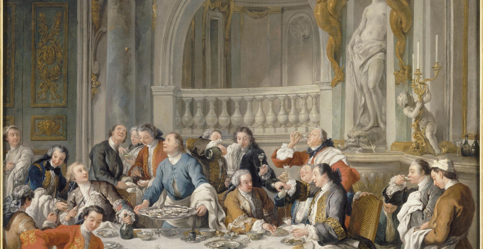 Tableau représentant des hommes vêtus à la mode du XVIIe siècle autour d'une grande table et au centre un personnage portant un plateau de  poisson