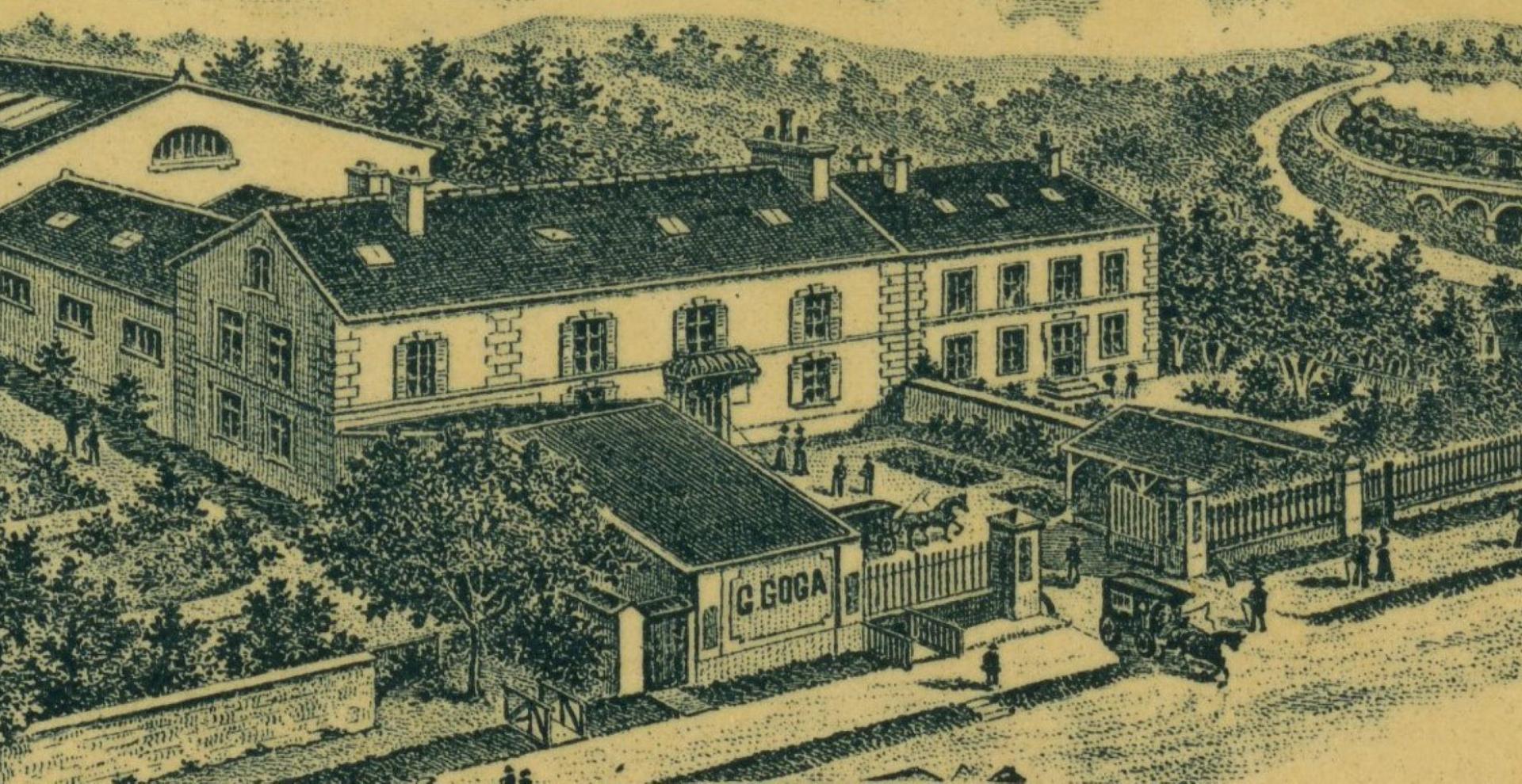 gravure représentant un ensemble de bâtiments de la fromagerie G.Goga qui existait à Avon