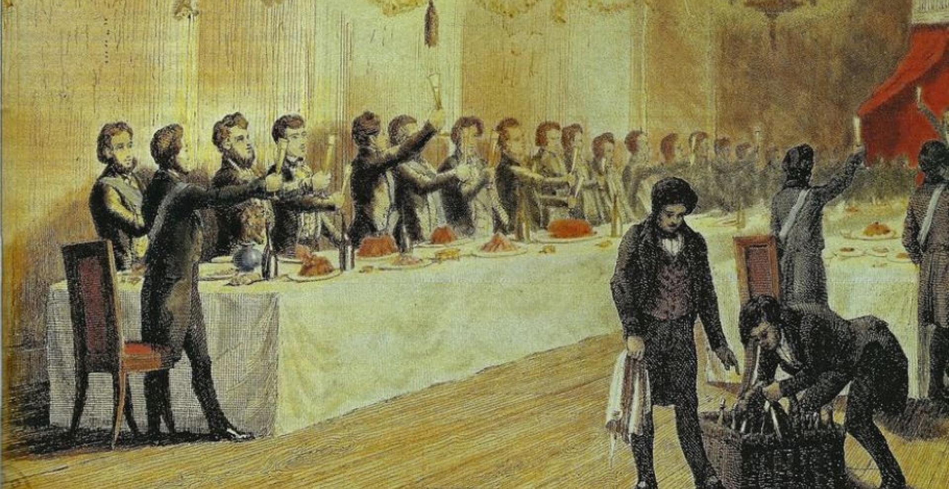 Illustration représentant des hommes en costumes noirs autour d'un grande table