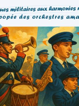 Image séparée en deux, d'un côté un conneur de clairon au milieu d'une troupe et de l'autre un orchestre en costume