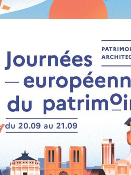 affiche aux teintes roses et bleues, plusieurs monuments emblématiques de Paris, et personnages enjoués
