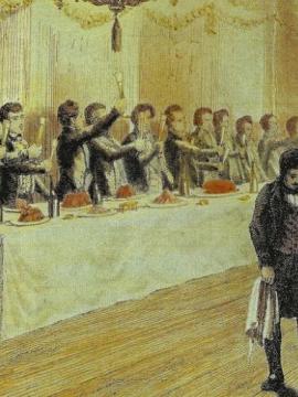 Illustration représentant des hommes en costumes noirs autour d'un grande table