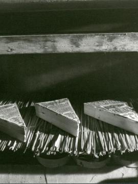 trois blocs de fromages disposés sur des clayons de paille