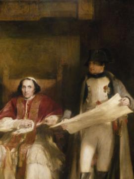 peinture de l'empereur Napoléon Ier debout tenant une carte et du Pape Pie VII assis à sa gauche