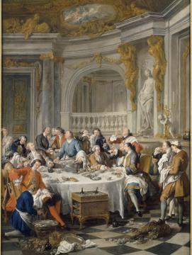 Tableau représentant des hommes vêtus à la mode du XVIIe siècle autour d'une grande table et au centre un personnage portant un plateau de  poisson