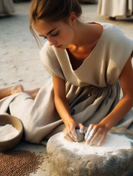 Une jeune femme est assise au sol et mou de la farine sur une meule en pierre