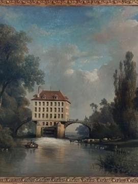 Tableau avec au centre le bâtiment de la chocolaterie Menier de Noisiel, au premier plan la marne et à droite un chemin de halage