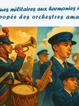 Image séparée en deux, d'un côté un conneur de clairon au milieu d'une troupe et de l'autre un orchestre en costume