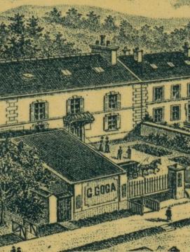 gravure représentant un ensemble de bâtiments de la fromagerie G.Goga qui existait à Avon