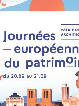 affiche aux teintes roses et bleues, plusieurs monuments emblématiques de Paris, et personnages enjoués