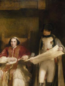 peinture de l'empereur Napoléon Ier debout tenant une carte et du Pape Pie VII assis à sa gauche