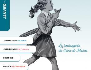 couverture programmation 2025 au centre une petite fille portant sous le bras deux baguettes et mangeant un croissant