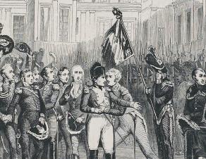 Dessin représentant les adieux de Napoléon aux soldats de la garde dans la cour du Cheval Blanc. Napoléon est entouré de soldats et de maréchaux. A droite, un soldat portant un drapeau surmonté d'un aigle se cache le visage. Le général Petit s'élance vers Napoléon qui le reçoit dans ses bras.