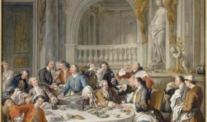 Tableau représentant des hommes vêtus à la mode du XVIIe siècle autour d'une grande table et au centre un personnage portant un plateau de  poisson