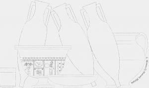 Dessins de trois amphores et de plusieurs récipients l'un est orné de motifs romains dont un figure la déesse Minerve