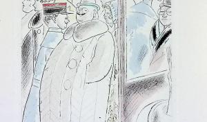 Dessin d'une foule avec au premier plan un homme vêtu d'un long manteau