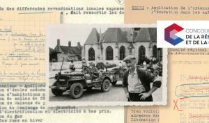 Photographie d'un FFI et des soldats américains à Nemours devant un ensemble de documents liés à l'épuration et la reconstruction
