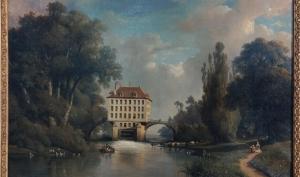 Tableau avec au centre le bâtiment de la chocolaterie Menier de Noisiel, au premier plan la marne et à droite un chemin de halage