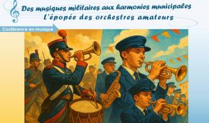 Image séparée en deux, d'un côté un conneur de clairon au milieu d'une troupe et de l'autre un orchestre en costume