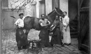 Quatre hommes posent dans des tenues de maréchaux, l'un est accoudé sur la croupe du cheval, l'un tient le cheval en longe et les deux autres tiennent le pied du cheval