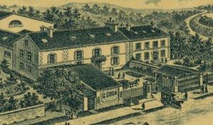 gravure représentant un ensemble de bâtiments de la fromagerie G.Goga qui existait à Avon