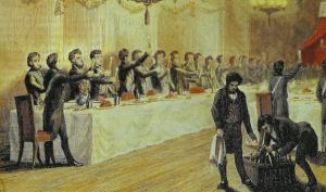 Illustration représentant des hommes en costumes noirs autour d'un grande table