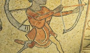 Mosaïque représentant un archer amputé d'une jambe. 