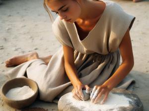 Une jeune femme est assise au sol et mou de la farine sur une meule en pierre