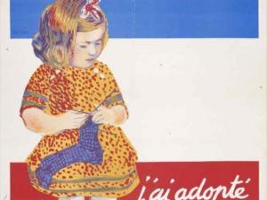 Affiche représentant une fillette tricotant une chaussette devant un drapeau tricolore