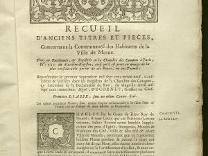 "Recueil d'anciens titres et pièces concernant la communauté des habitants de la ville de Meaux..."1739, imprimé chez F. Alart