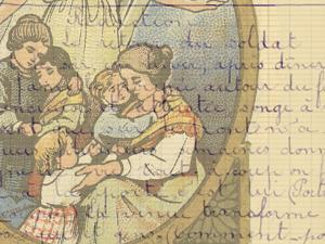 Illustration d'une famille enlacée avec en filigrane une rédaction sur les soldats