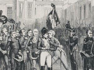 Dessin représentant les adieux de Napoléon aux soldats de la garde dans la cour du Cheval Blanc. Napoléon est entouré de soldats et de maréchaux. A droite, un soldat portant un drapeau surmonté d'un aigle se cache le visage. Le général Petit s'élance vers Napoléon qui le reçoit dans ses bras.