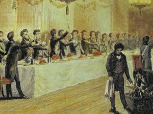 Illustration représentant des hommes en costumes noirs autour d'un grande table
