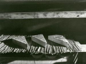 trois blocs de fromages disposés sur des clayons de paille