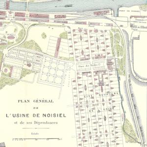 Vue du plan de l'usine Menier à Noisiel comportant la cité ouvrière et le chemin de fer