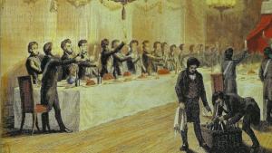 Illustration représentant des hommes en costumes noirs autour d'un grande table