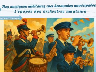 Image séparée en deux, d'un côté un conneur de clairon au milieu d'une troupe et de l'autre un orchestre en costume