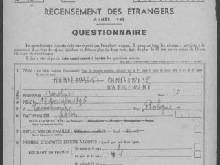 Fiche du recensement de population des étrangers de 1945 Chmielowiec / Kakoweski recto