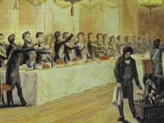 Illustration représentant des hommes en costumes noirs autour d'un grande table